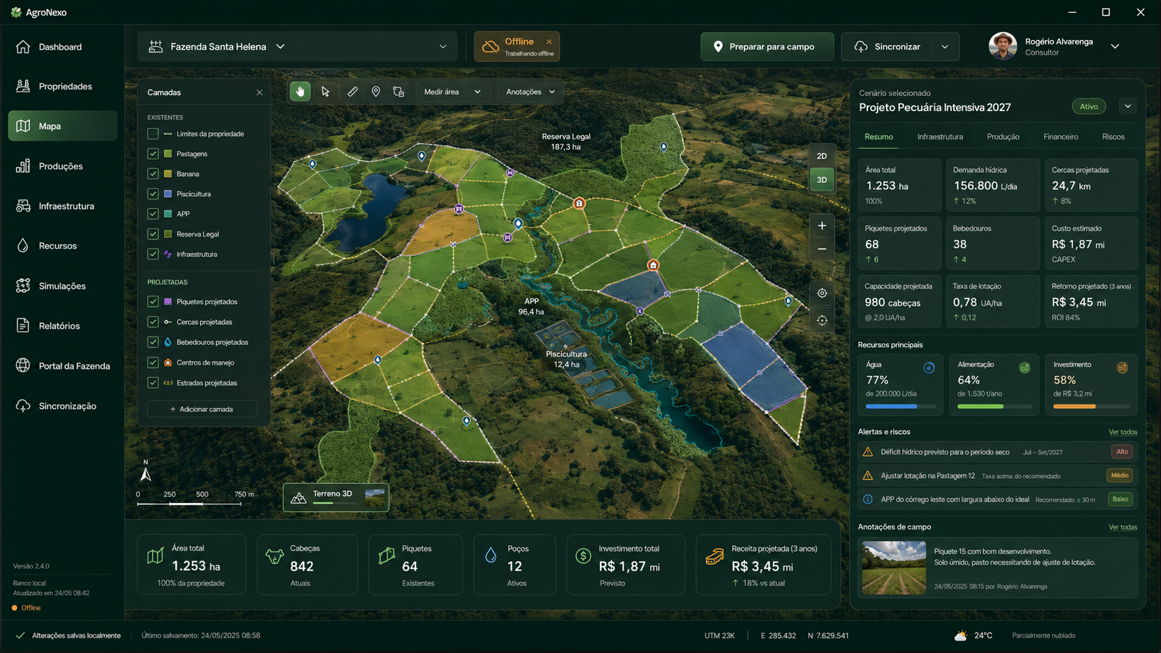 AgroNexo com mapa da propriedade, cenários e indicadores